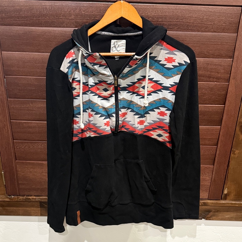 AMPERSAND AVE Black and Multicolor Zip-Up Sweater